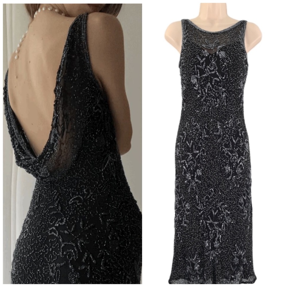 Vintage 90s 100% Silk Dress Beaded Dress Silk Slip Dress Cowl Backless Black
